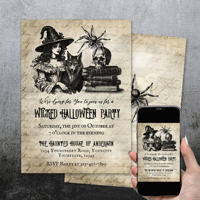 Invitación Lobo gótico con cráneo de bruja de Halloween (Halloween party invite with witch wolf skull spider.)
