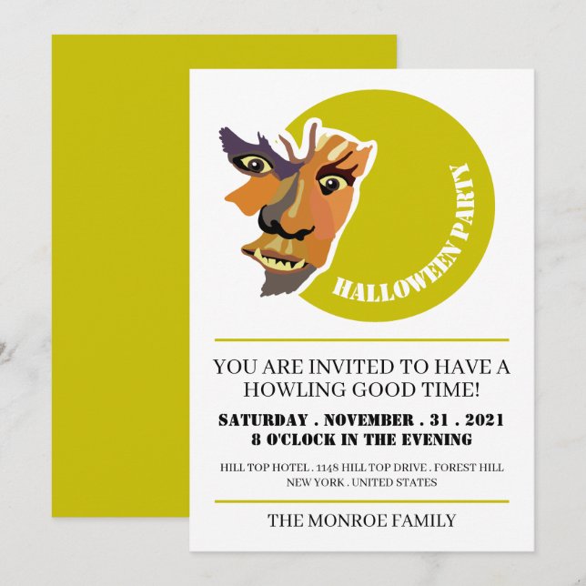 Invitación Lobo lunar, fiesta de Halloween (Anverso / Reverso)