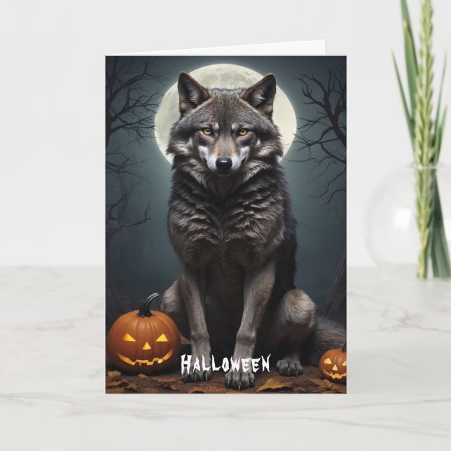 Invitación Lobo misterioso con arte de Halloween de calabaza (Anverso)