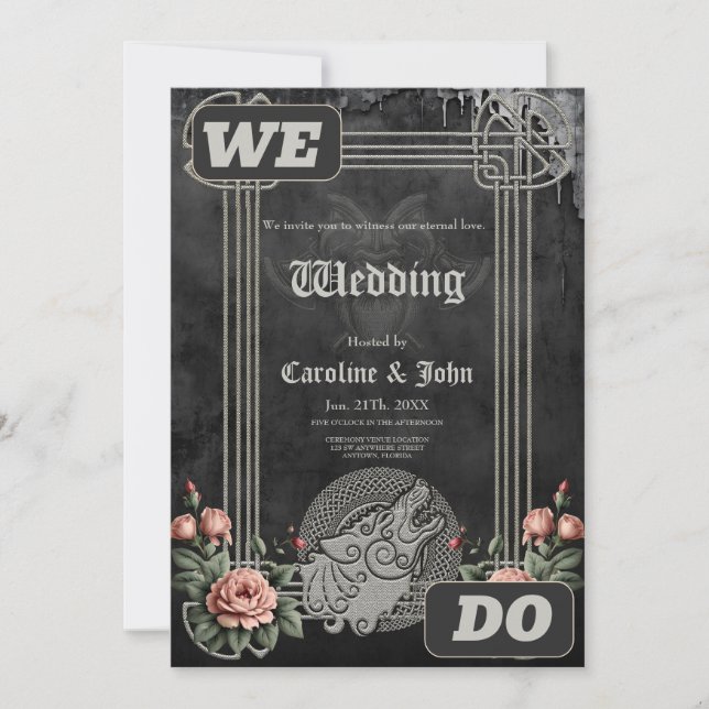 Invitación Lobo vikinés y Rosas. La cabeza de un lobo estiliz (Anverso)