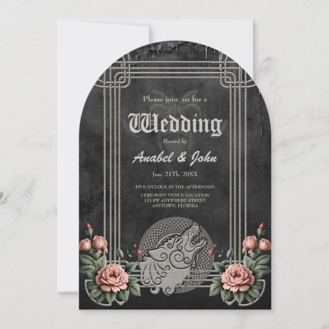 Invitación Lobo vikinés y Rosas. La cabeza de un lobo estiliz (Anverso)