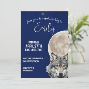 Invitación Lobo y Luna Llena en Cielo Nocturno Estrellado