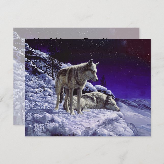 Invitación Lobos grises en la nieve de invierno de noche (Anverso / Reverso)