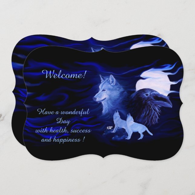 Invitación Lobos y Raven con luna llena, agrega tu texto (Anverso / Reverso)