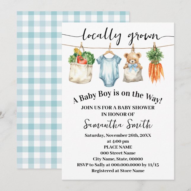 Invitación Locally Grown Baby Boy on the Way Baby Shower (Anverso / Reverso)