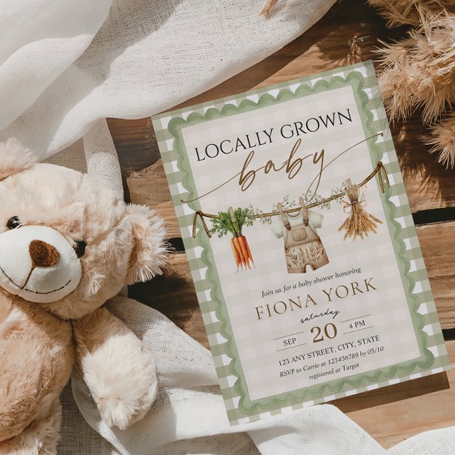 Invitación Locally Grown Baby Farmer's Market Green Gingham (Locally Grown Baby Shower Invitation Sage Green Gingham Farmer's Market Boy Baby Shower)