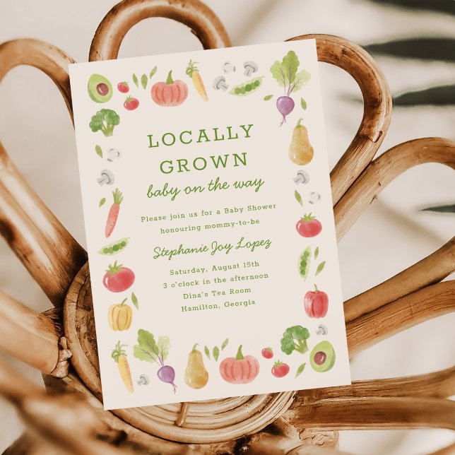 Invitación Locally Grown Farmer's Market Veggies Baby Shower (Locally Grown baby shower invitation with hand-drawn watercolour vegetables)