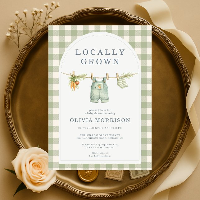 Invitación Locally Grown Gingham Sage Green Baby Shower (Subido por el creador)