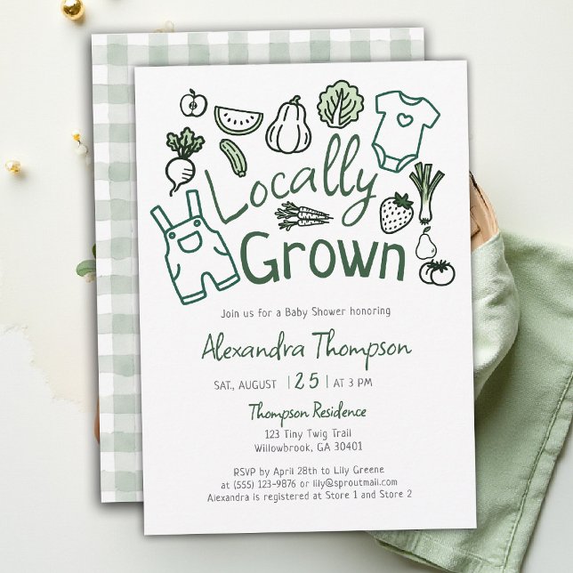 Invitación Locally Grown Hand Drawn Farm Veggies Baby Shower (locally grown baby shower invitation hand drawn produce farm fresh green clothes garden patch)