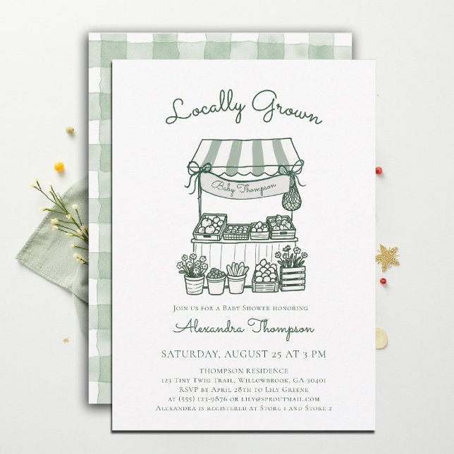 Invitación Locally Grown Market Stand Green Baby Shower (locally grown baby shower invitation sprout produce watercolor farmers market stand gingham sage)