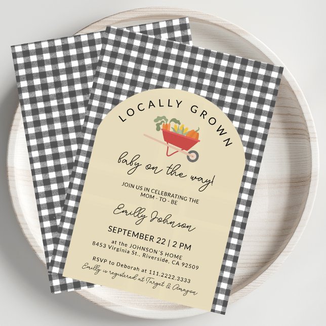 Invitación Locally Grown Modern Grey Gingham Baby Shower (Subido por el creador)