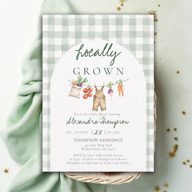 Invitación Locally Grown Produce Clothes Line Baby Shower (locally grown baby shower invitation clothes line overalls produce watercolor green gingham arch)