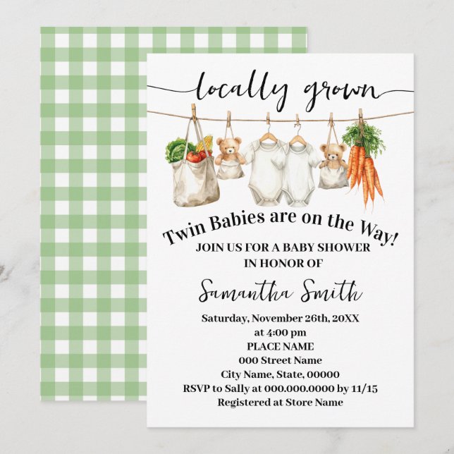 Invitación Locally Grown Twins on the Way Baby Shower (Anverso / Reverso)