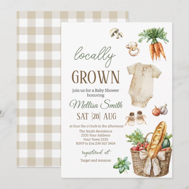 Invitación Locally Grown Veggies Farmers Market Baby Shower (Anverso / Reverso)