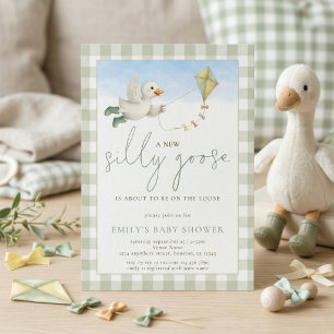 Invitación Locura de Ganso Cometa Sage Gingham Baby Shower
