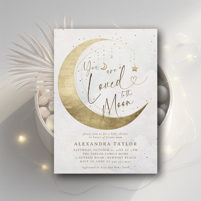 Invitación Loed Moon Stars Gold White Neutral Baby Shower (loved to the moon baby shower invitation moon stars watercolor cute coed elegant neutral)