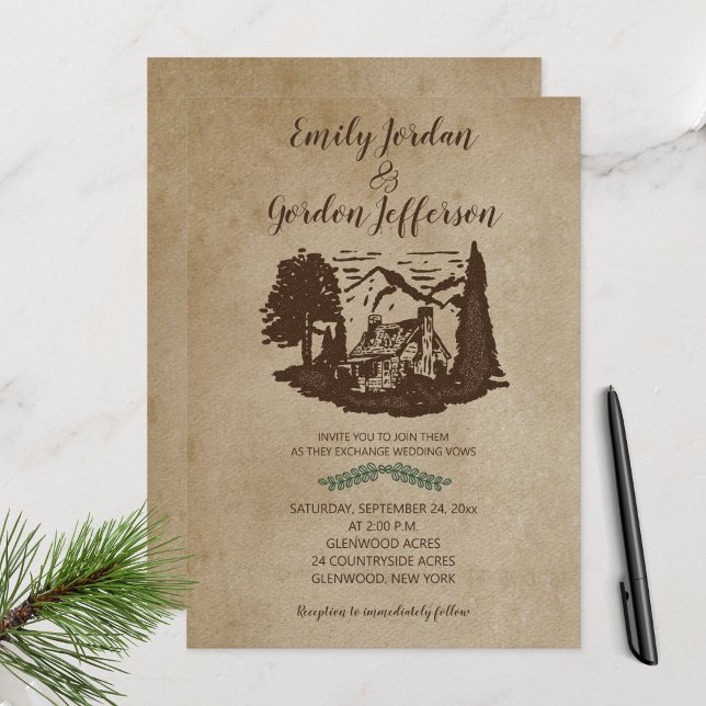 Invitación Log Cabin Rustic Outdoor Boda Lodge Mountain (Log Cabin Rustic Wedding Invitation)