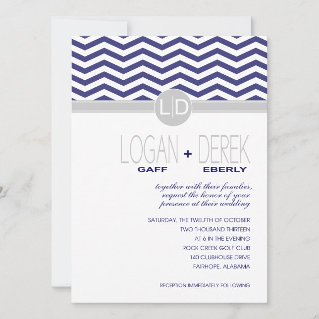 Invitación Logan Chevron | PAPEL BLANCO DE COLOR gris marino (Anverso)