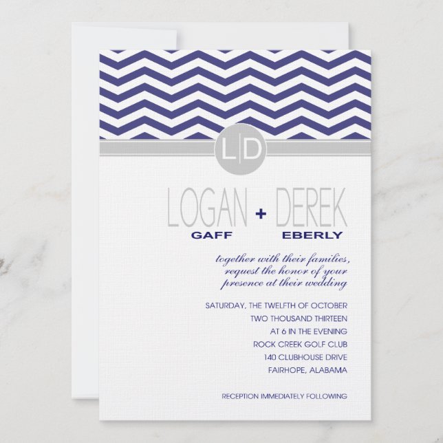 Invitación Logan Chevron | papel de lino gris marino (Anverso)