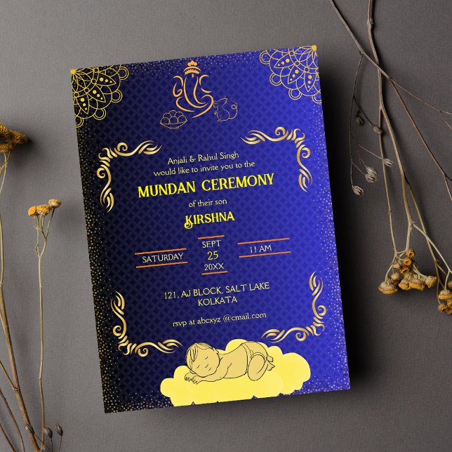Invitación Logo de la ceremonia de Mundan Ganesha Dorado y Ve (Subido por el creador)