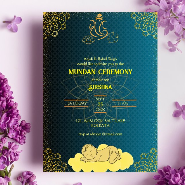 Invitación Logo de la ceremonia de Mundan Ganesha Dorado y Ve (Subido por el creador)
