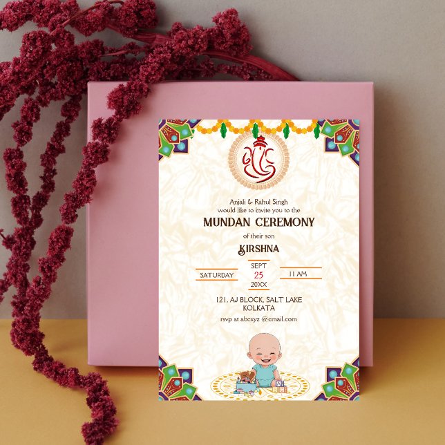 Invitación Logo de la ceremonia de Mundan Ganesha Dorado y Ve (Subido por el creador)