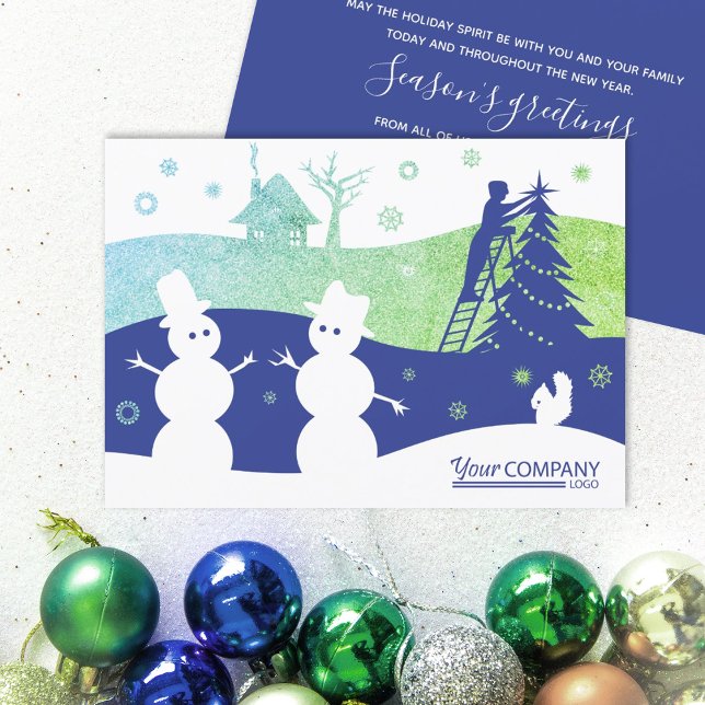 Invitación Logo de la Compañía Brillante de Nieve Verde Azul (bright blue green company business logo holiday christmas xmas greeting cards for clients employees)