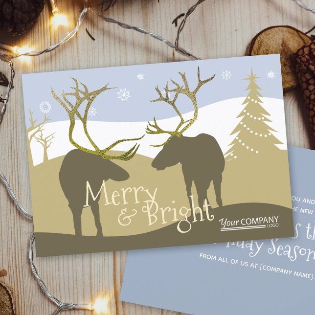 Invitación Logo de la Compañía de Antillas de Renos Azules Li (rustic light blue beige gold reindeer forest company logo employee holiday Christmas greeting cards)