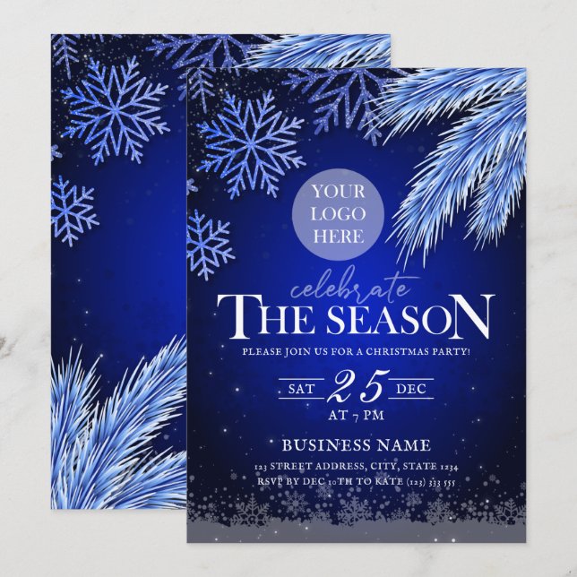 Invitación Logo de la fiesta navideña Blue Winter Elegant (Anverso / Reverso)