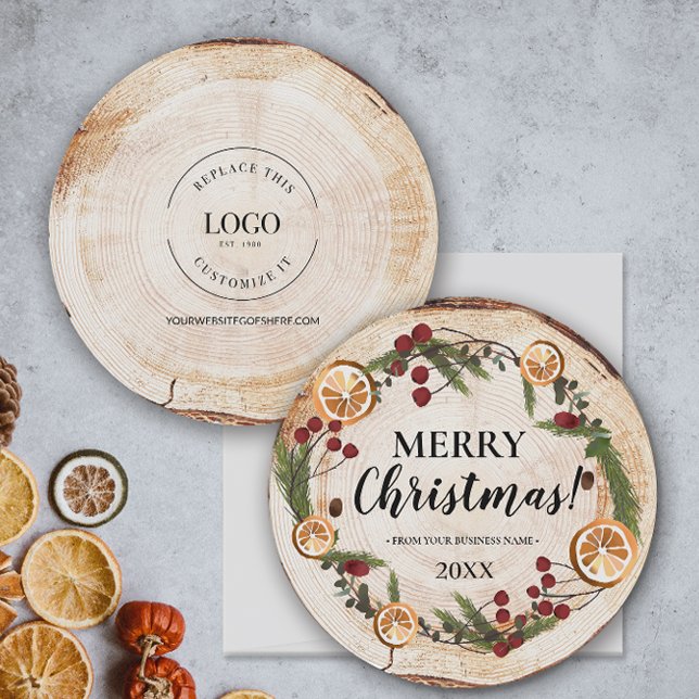 Invitación Logo de Rustic Merry Christmas (Unique round corporate rustic holiday card with logo, business name and year.)