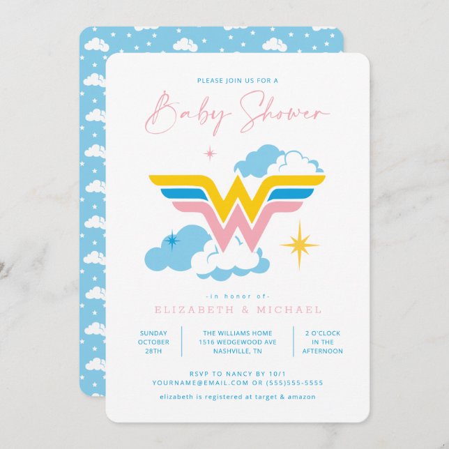 Invitación Logo de Wonder Woman | BABY SHOWER (Anverso / Reverso)