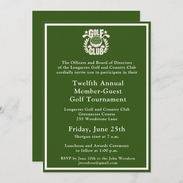 Invitación Logo del Torneo Corporativo del Club de Golf (Anverso / Reverso)