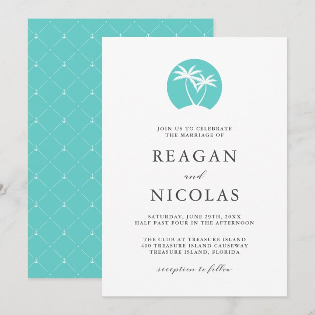 Invitación Logotipo Aqua Palm Tree Tropical Beach Wedding (Anverso / Reverso)