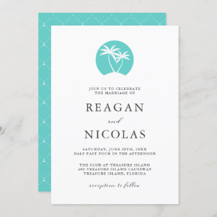 Invitación Logotipo Aqua Palm Tree Tropical Beach Wedding