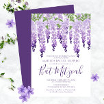 Invitación Logotipo corporativo de la glicinia acuática | Bat<br><div class="desc">Este diseño presenta elegantes flores de glicinia de color agua en lavanda suave y morado con hojas verdes sobre un fondo blanco con su información de Invitación de Bat Mitzvah debajo. Personalice editando el texto en los cuadros de texto. Añada su logotipo corporativo al dorso del diseño. Diseñado para ti...</div>