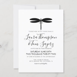 Invitación Logotipo de boda de libélula simple negro blanco