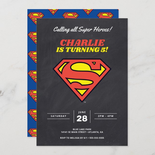Invitación Logotipo de Superman | Nacimiento del Chalkboard S (Anverso / Reverso)