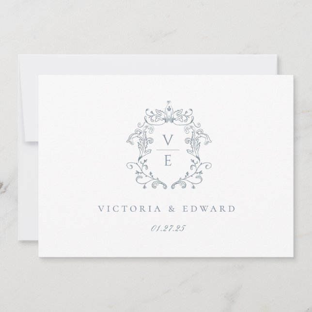 Invitación Logotipo del Boda del monograma del Escudo azul tu (Anverso)