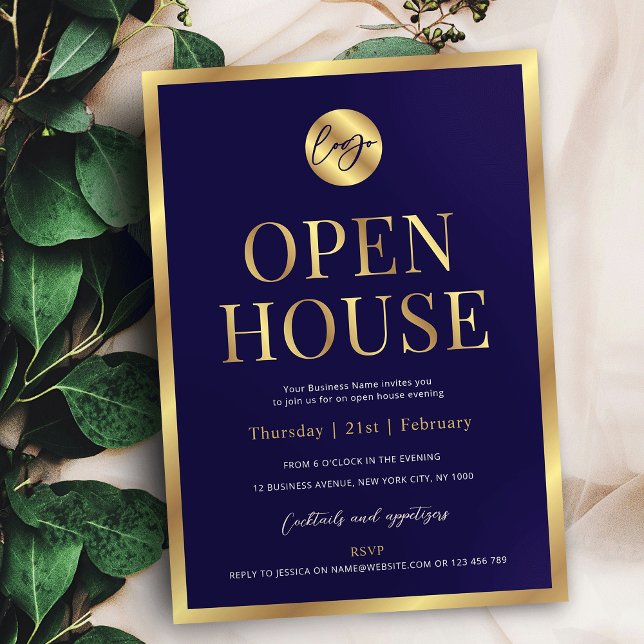 Invitación Logotipo Navy & Gold Casa de negocios moderna abie (Professional navy blue and faux gold business logo open house invitation design)