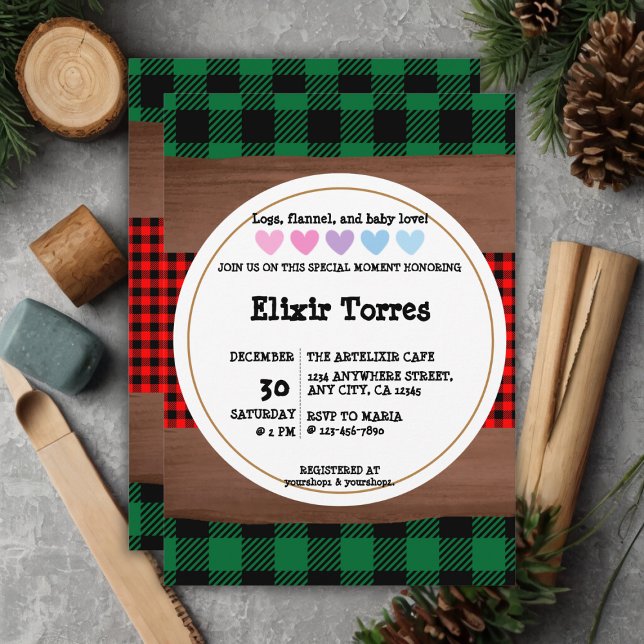 Invitación Logs Flannel Rustic Plaid Hearts Baby Shower (Subido por el creador)