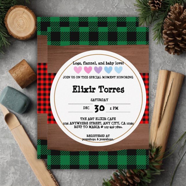 Invitación Logs Flannel Rustic Plaid Hearts Baby Shower (Subido por el creador)