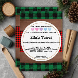 Invitación Logs Flannel Rustic Plaid Hearts Baby Shower