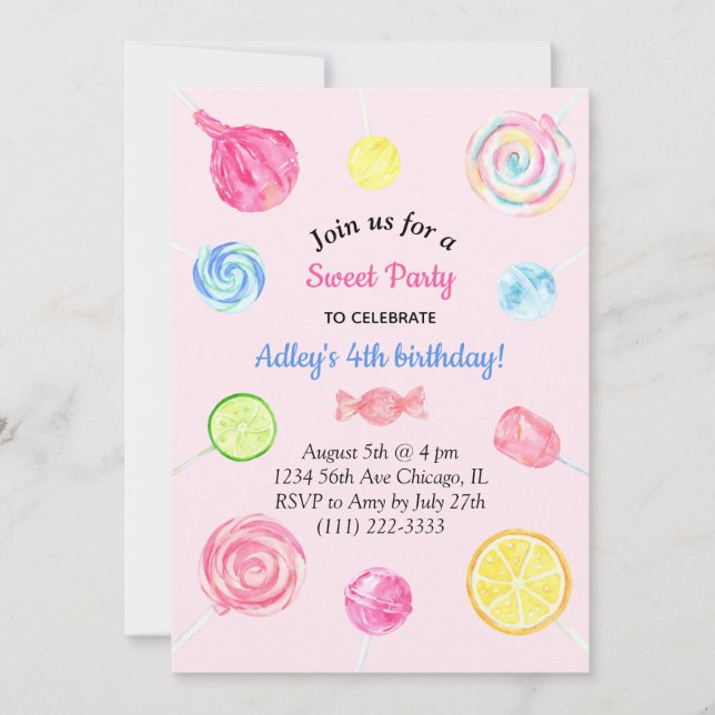 Invitación Lollipop Candy Sweet Chica Cumpleaños (Anverso)