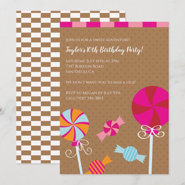 Invitación Lollipop moderno: Fiesta de cumpleaños de Candy Ma (Anverso / Reverso)
