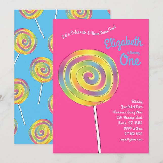Invitación Lollipop Rainbow Candy Kids Primer Fiesta de cumpl (Anverso / Reverso)
