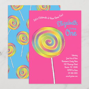 Invitación Lollipop Rainbow Candy Kids Primer Fiesta de cumpl