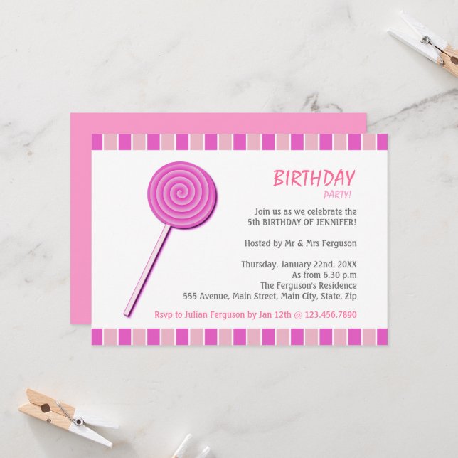 Invitación Lollypop rosa (Anverso/Reverso In Situ)