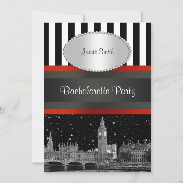 Invitación London Skyline BW Blk Wht Stripe Rojo Despedida de (Anverso)