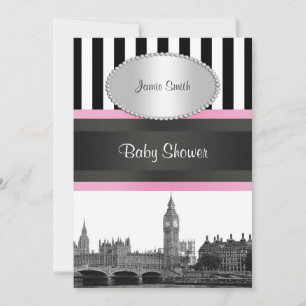 Invitación London Skyline BW Blk Wht Strp Pink Baby Shower