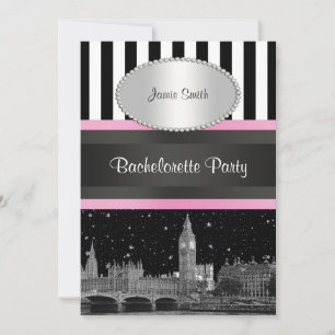 Invitación London Skyline BW Blk Wht Strp Pink Despedida de s